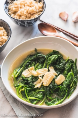 Garlic Spinach in Chicken Broth (上汤菠菜) - The tender spinach is served in a rich and garlicky broth. Originally a restaurant dish, now you can easily make it at home to add delicious leafy greens to your dinner.