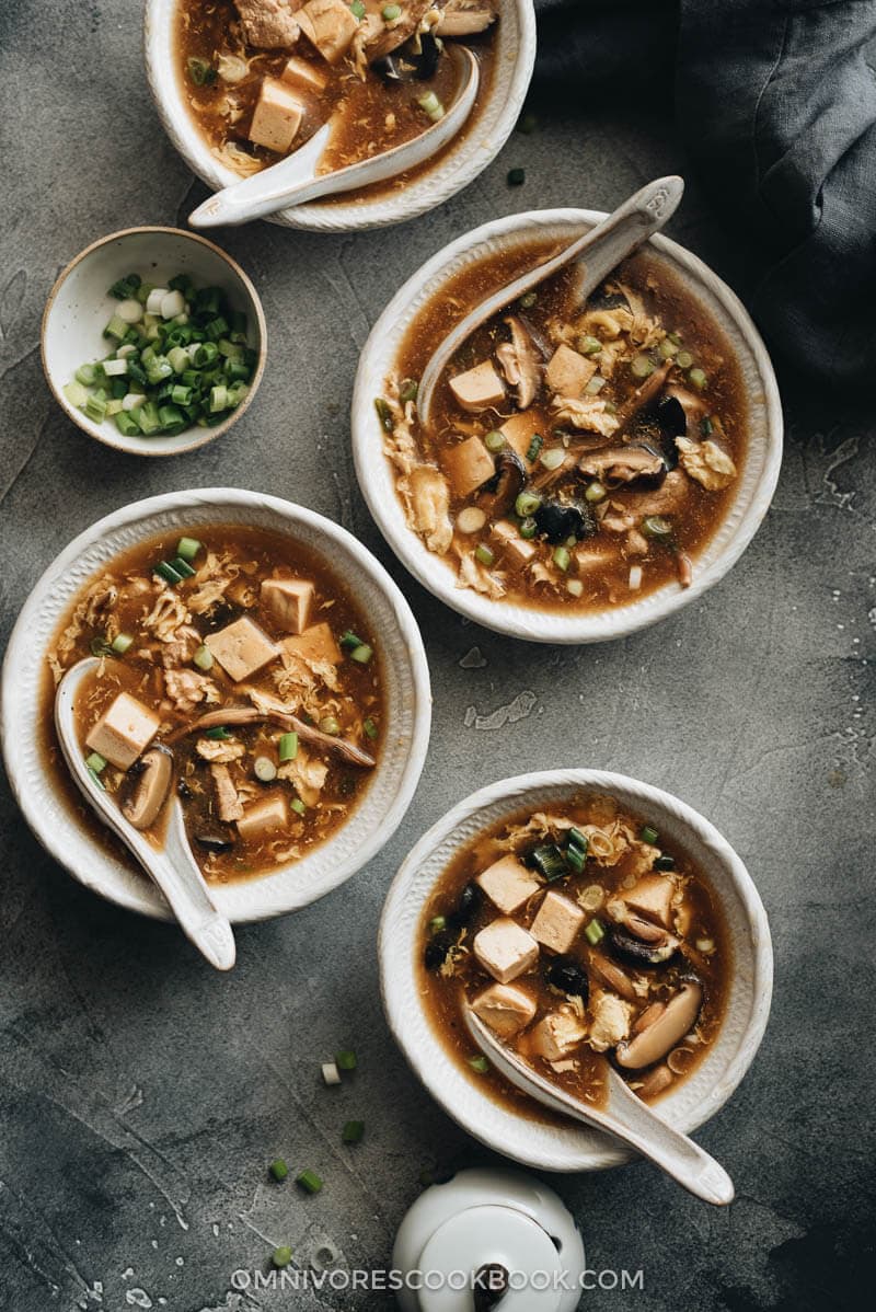 Homemade hot and sour soup in bowls