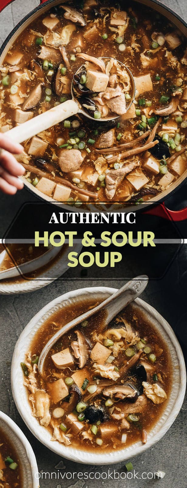 Hot and Sour Soup (酸辣汤) - Authentic Chinese restaurant-style hot and sour soup made easy. The hearty broth is loaded with veggies and is so satisfying and healthy. The recipe includes notes on how to tweak the soup into a vegetarian one and to use whatever veggies you have on hand. #takeout #recipes #traditional