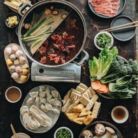 Spread of a Chinese hot pot party feast