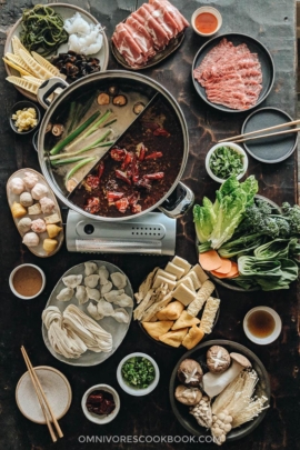 Spread of a Chinese hot pot party feast
