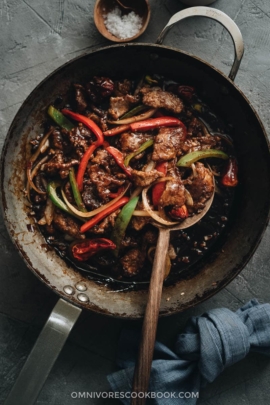 Szechuan beef stir fry in a pan