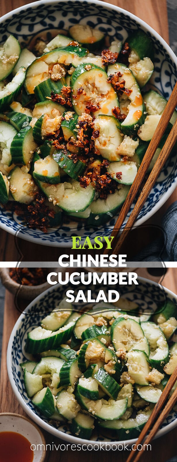 Chinese Cucumber Salad (拍黄瓜, pai huang gua) is a light and refreshing appetizer. The crisp cucumber is mixed with plenty of garlic, drizzled with an appetizing blend of soy sauce, vinegar and sugar, then finished with a few drops of sesame oil.