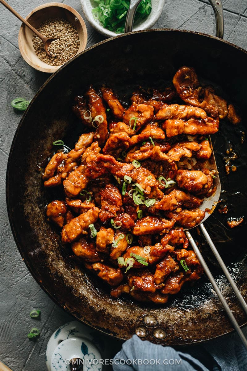 Sweet and sour pork in a pan