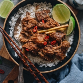 Beef rendang served on rice