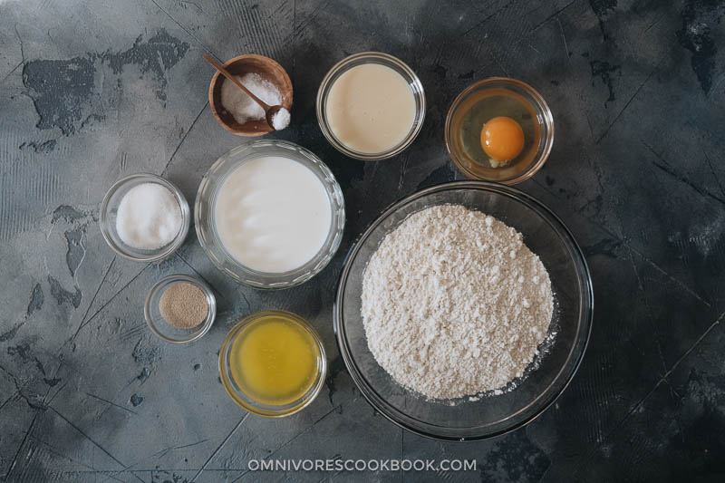 Ingredients of making milk bread rolls