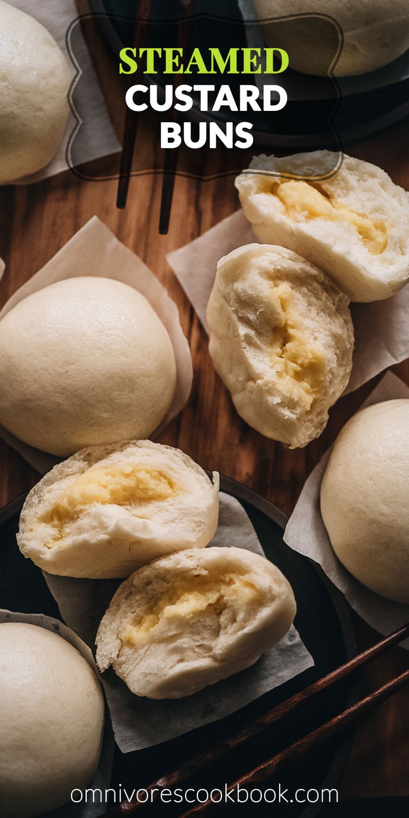 Chinese Steamed Custard Buns (nai wong bao, 奶黄包) | A dim sum classic, these buns are perfect for holiday gatherings and parties as well. Made with a yeast dough and steamed, the buns have a super soft and spongy texture with a smooth surface. The custard filling is creamy, fragrant, and sweet. The recipe includes detailed step-by-step pictures to help you recreate the restaurant-style custard buns in your own kitchen.