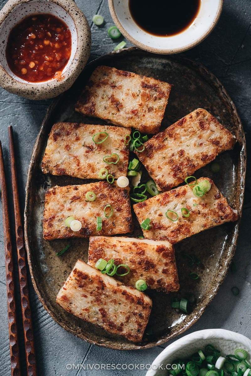 Chinese turnip cakes with dipping sauces