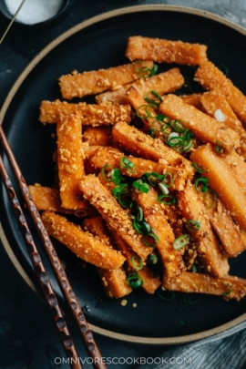 Fried pumpkin with salted egg close up