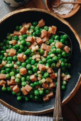 Green peas stir fry close up