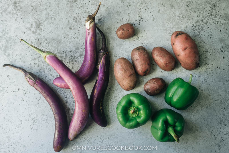 Asian eggplants, red potatoes, and bell peppers