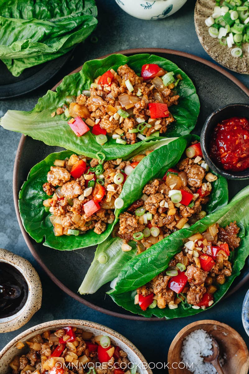 San choy bow made with pork, pepper, and water chestnut