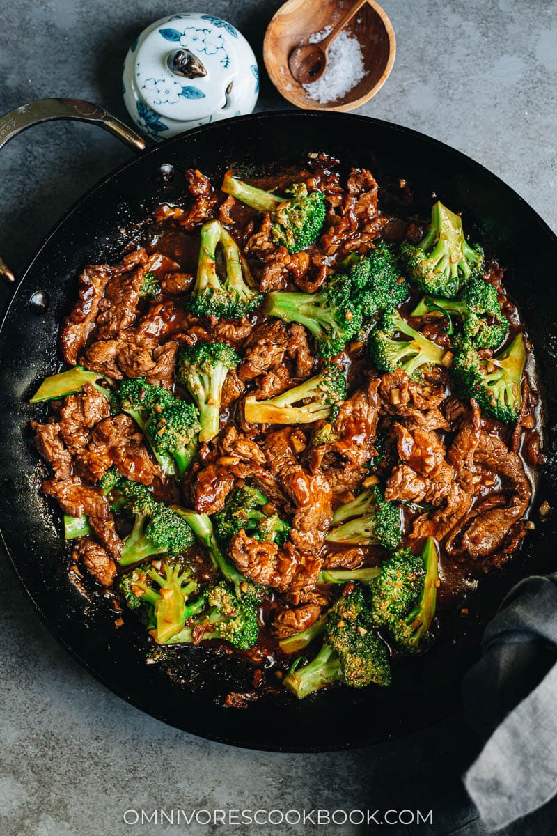 Beef and broccoli in a skillet