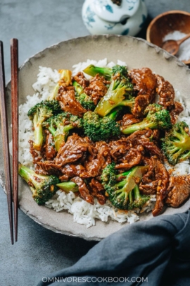 Beef and broccoli served over rice
