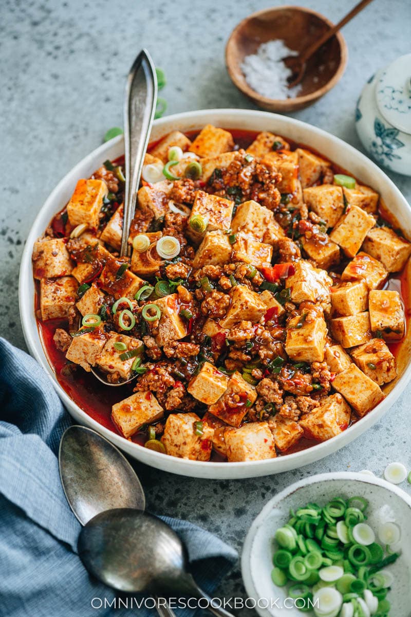 Mapo tofu with ground pork served in a plate