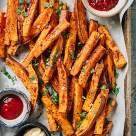 Air fryer sweet potato fries on a tray