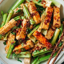 Tofu and celery salad close up