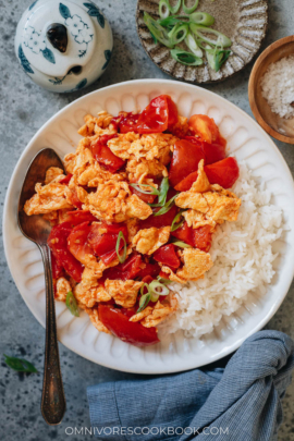 Tomato and egg stir fry served with steamed rice