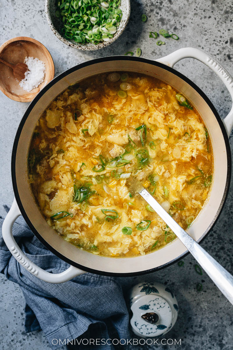 Chinese corn soup with chicken in a pot