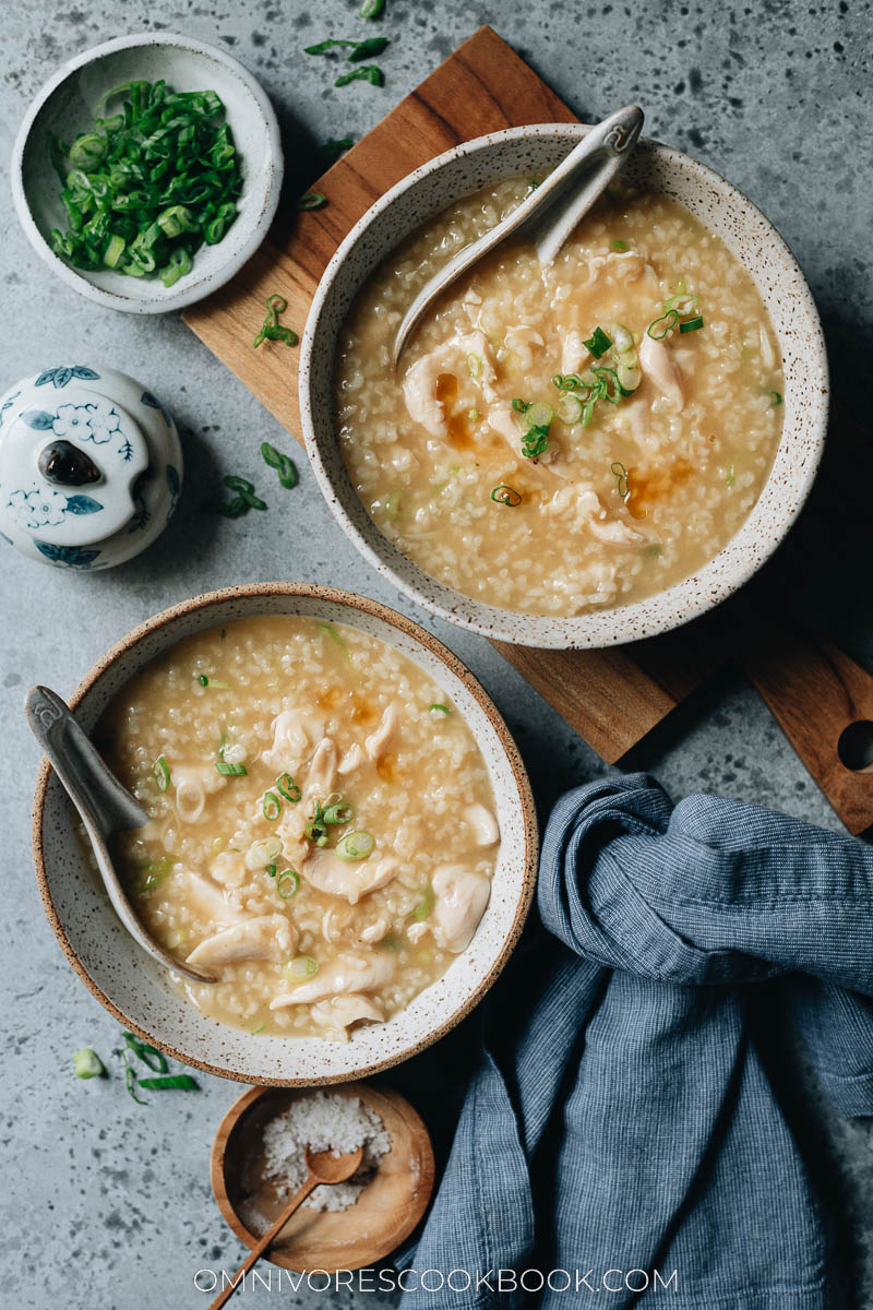 Homemade chicken congee served in bowls