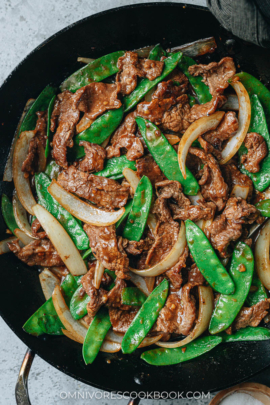 Beef with snow peas close up