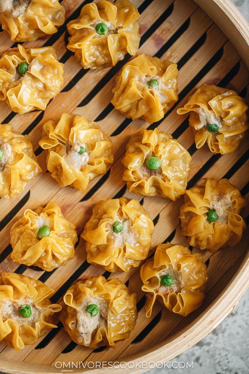 Homemade shumai in a bamboo steamer