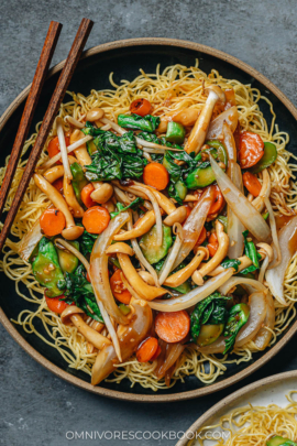 Vegetable pan fried noodles close up
