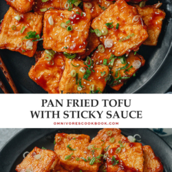 Pan fried tofu is a fun homestyle dish that features meaty tofu bites with a crispy coating and a sweet and sour sauce. Topped on the rice, it is an easy and flavorful way to whip up a vegetarian one-bowl meal that everyone will love! {Vegetarian, Gluten-Free Adaptable}