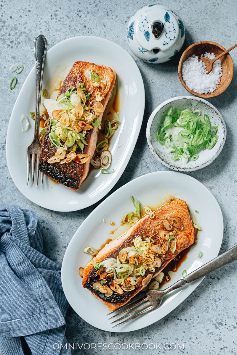 Chinese style pan fried crispy salmon