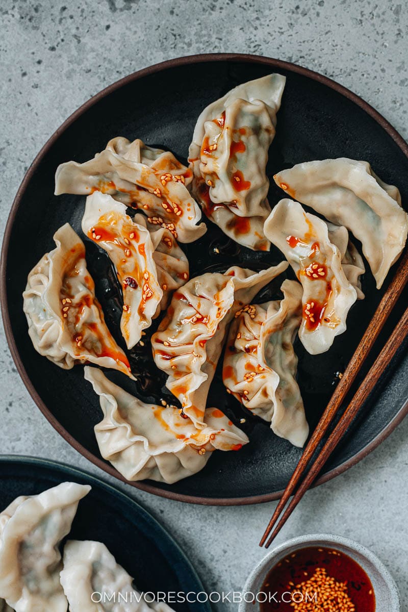 Pork and chive dumplings with chili oil