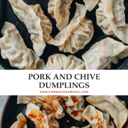 Pork and chive dumplings are one of the most popular types of dumplings in Northern China. The filling is made with juicy pork, bursting with an intense savory flavor of garlic chives, and boiled until tender and hearty.