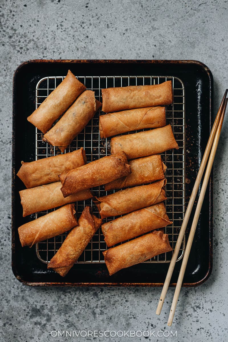 Fried egg rolls on a tray
