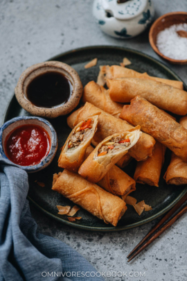 Cantonese style chicken egg rolls close up