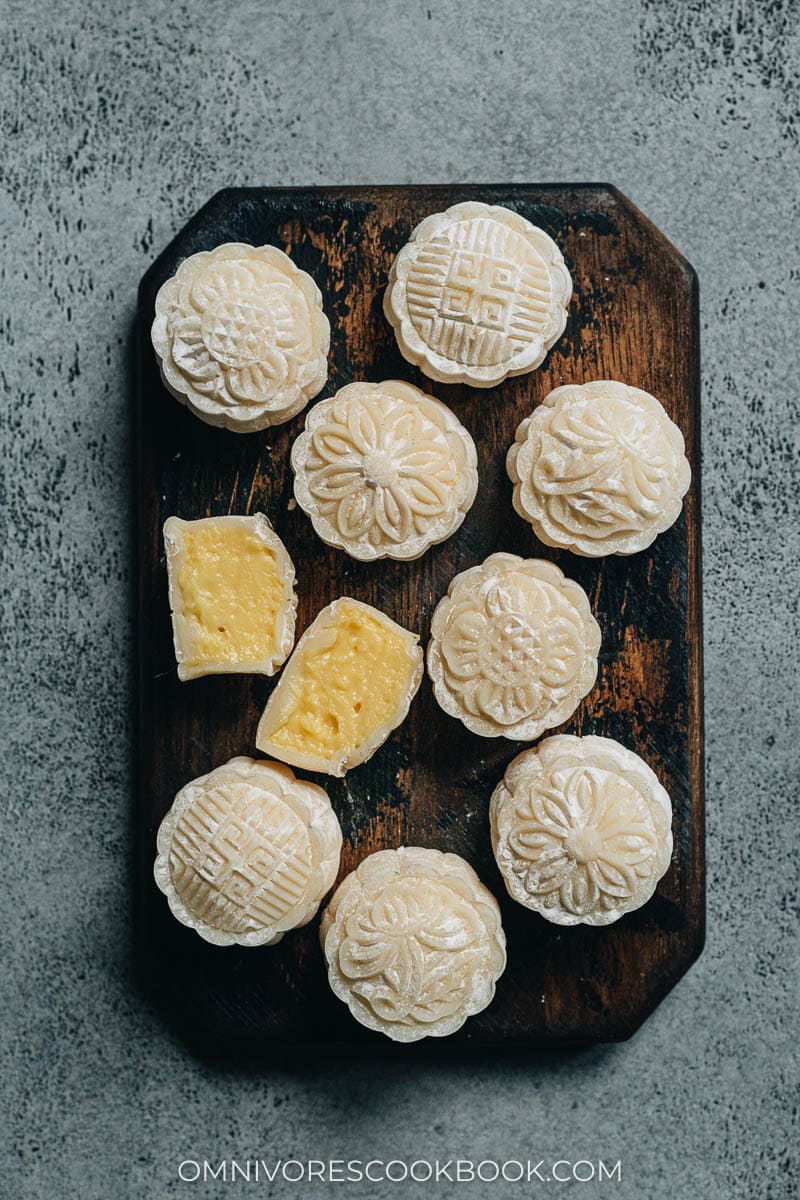 Snow skin mooncake with custard sliced open