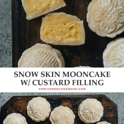 The snow skin mooncake is made with a sweet mochi dough and a creamy custard filling, stamped with a beautiful pattern that celebrates the Mid-Autumn Festival. I shared many step-by-step photos and a video to show you how to make them in your own kitchen. It’s the perfect recipe to celebrate the Mid-Autumn Festival. {Vegetarian}