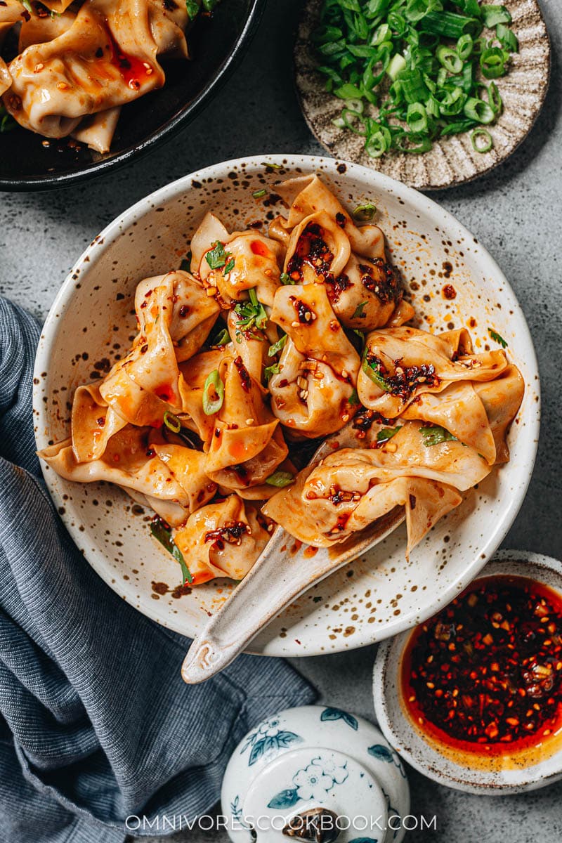 Spicy wonton in chili oil served in a bowl